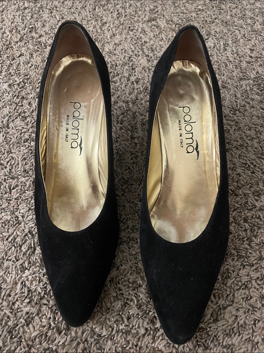 Paloma Barcelo Black Suede Pointed-Toe Heels with Gold Insole